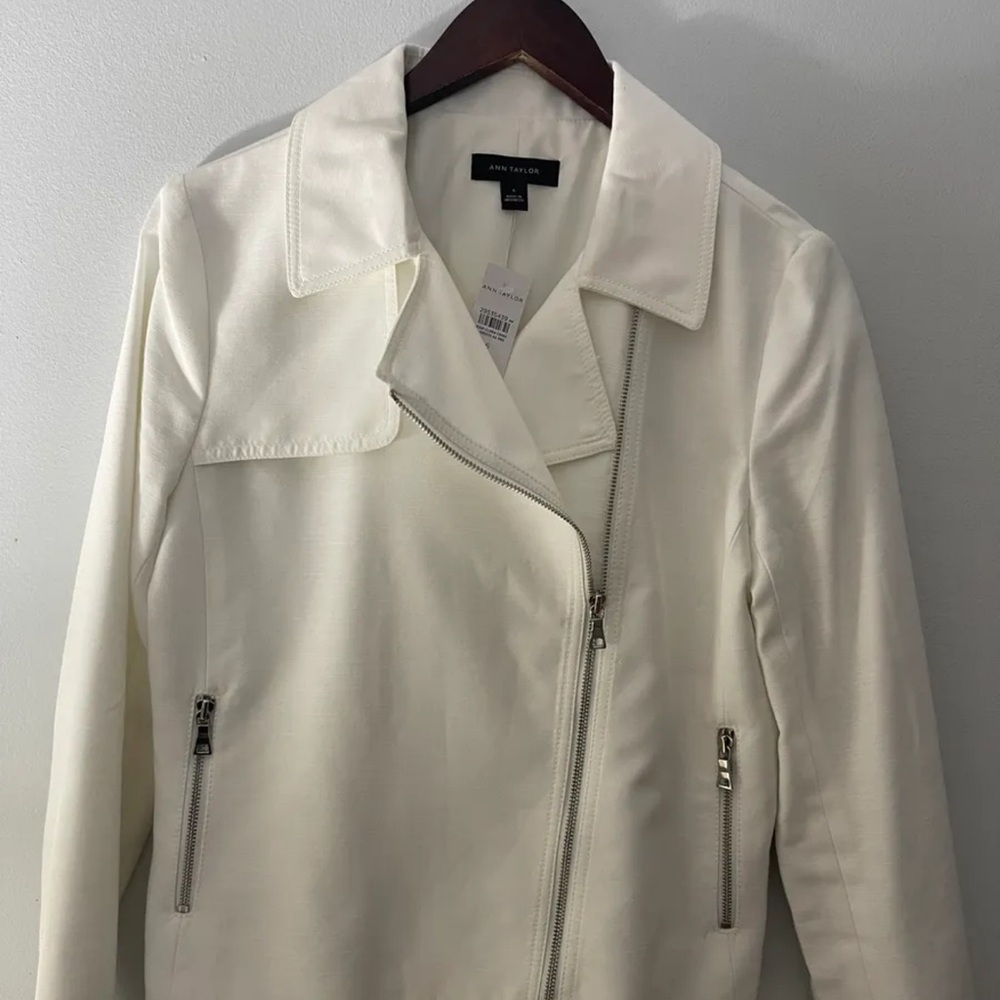 Ann Taylor Cream Asymmetrical Zip Leather Jacket